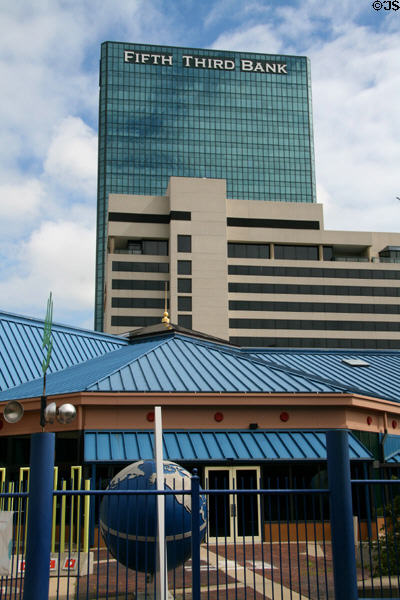 One SeaGate (Fifth Third Bank), Two SeaGate (Crowne Plaza) (1985), & blue-roofed SeaGate Portside pavilion. Toledo, OH.