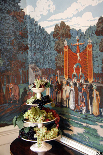 Dining room wallpaper detail with fruit stand at Wildwood Manor House. Toledo, OH.