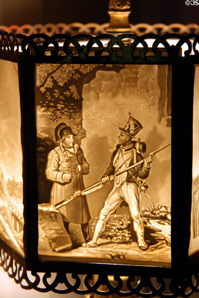 Lithophane lamp shade with design in shadows caused by varying depth of glass showing Napoleon at Wildwood Manor House. Toledo, OH.