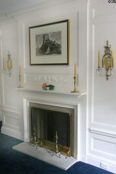 Upstairs room with white Adamsesque fireplace at Wildwood Manor House. Toledo, OH.