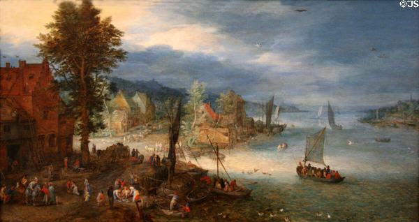 Landscape with Fishing Village painting (1604) by Jan Brueghel Elder at Toledo Museum of Art. Toledo, OH.