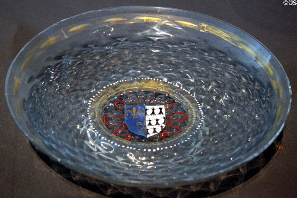 Footed glass plate with arms of Louis XII of France (c1498-1524) at Toledo Glass Pavilion. Toledo, OH.