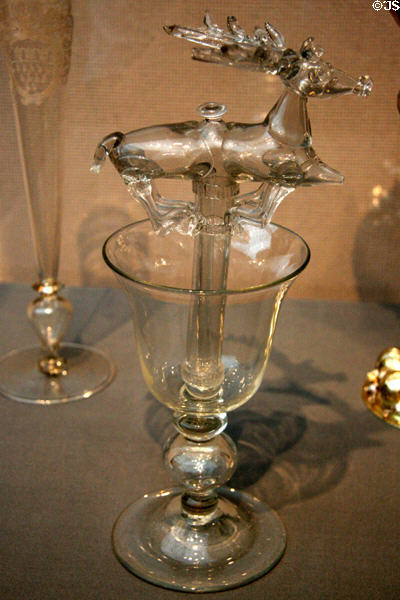 German blown trick glass with stag siphon (late 17th-early 18thC) at Toledo Glass Pavilion. Toledo, OH.