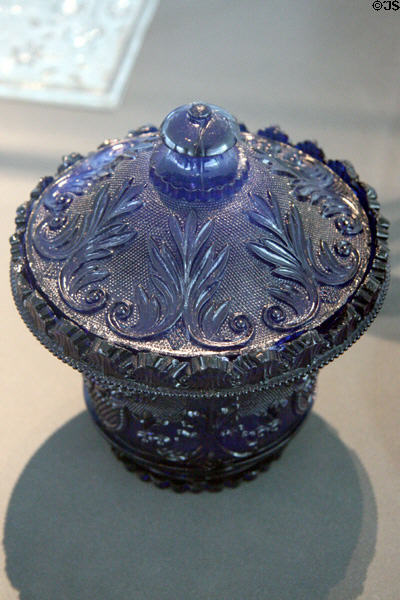 Pressed blue glass sugar bowl (c1831-33) probably by Flint Glass Co. of Providence, RI at Toledo Glass Pavilion. Toledo, OH.