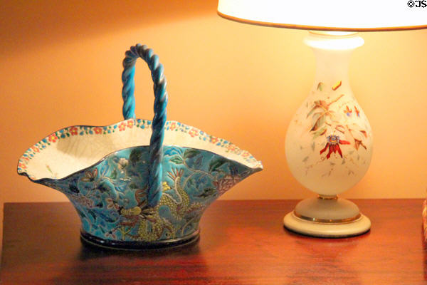 Blue porcelain basket used in White House & lamp in parlor of Hayes Presidential Home. Fremont, OH.