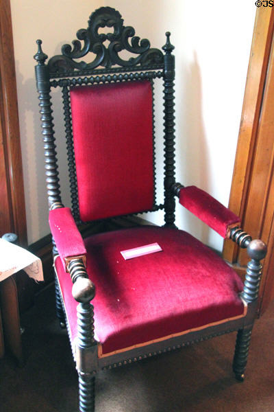 President Hayes' chair with red velvet cushion at Hayes Presidential Center. Fremont, OH.