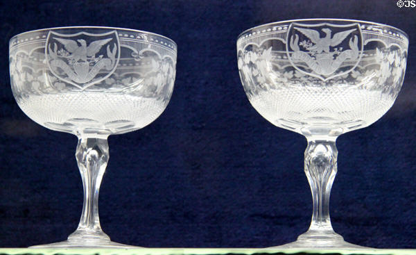 Presidential glass goblets (1870s or prior) cut & engraved with eagle & shield at Rutherford B. Hayes Presidential Center. Fremont, OH.