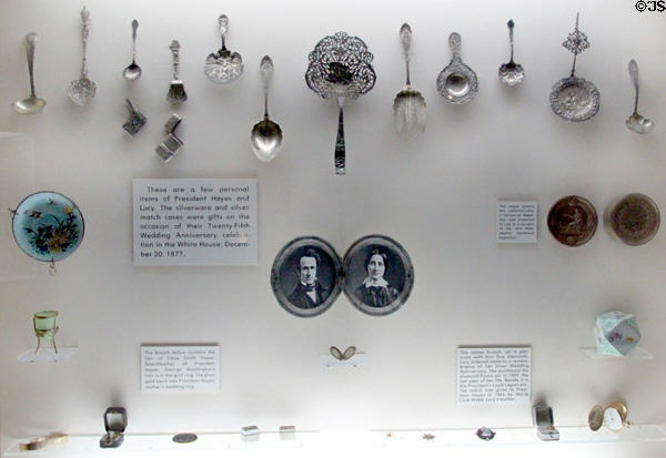 Silverware & other 25th wedding anniversary gifts (Dec. 30, 1877) to Rutherford & Lucy Hayes at Hayes Presidential Center. Fremont, OH.