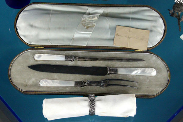 Boxed carving set with mother of pearl handles & napkin ring (c1877) at Hayes Presidential Center. Fremont, OH.