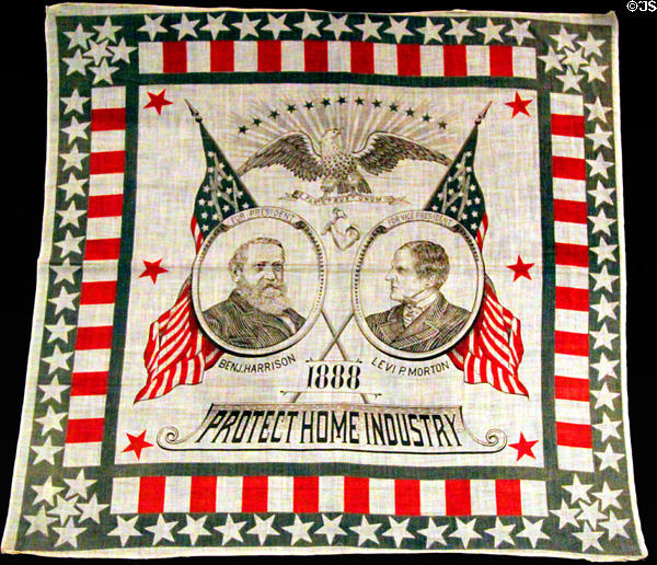 Benjamin Harrison & Levi P. Morton Protect Home Industry printed campaign handkerchief (1888) (at Hayes Presidential Center). Fremont, OH.