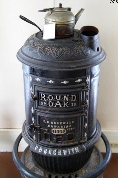 Round Oak stove (1896) by P.D. Beckwith of Dowagiac, MI, at Historic Lyme Village Museum. Bellevue, OH.