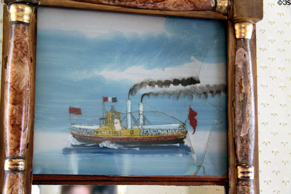 Mirror painting of side-wheeler steamship at Edison Birthplace Museum. Milan, OH.