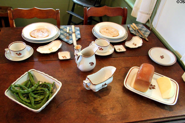 Table set with dishes in kitchen of Sayles House at Milan Historical Museum. Milan, OH.