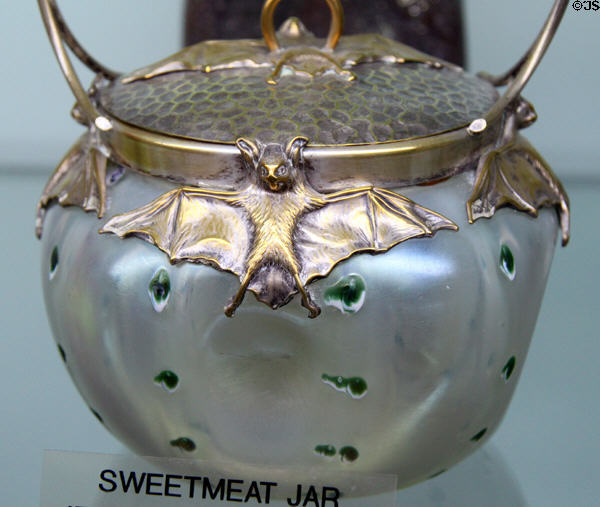 Iridescent Johann Loetz sweetmeat jar with bats at Milan Historical Museum. Milan, OH.