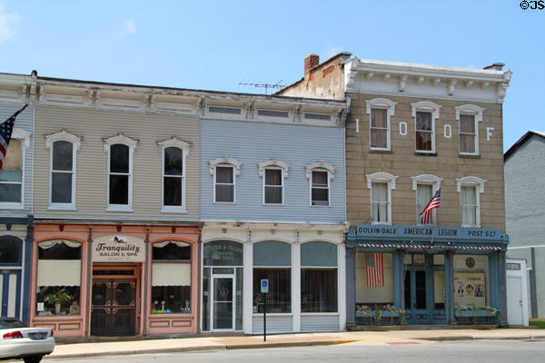 Italianate buildings (45-44 E. Front St.) including IOOF block on Milan town square. Milan, OH.