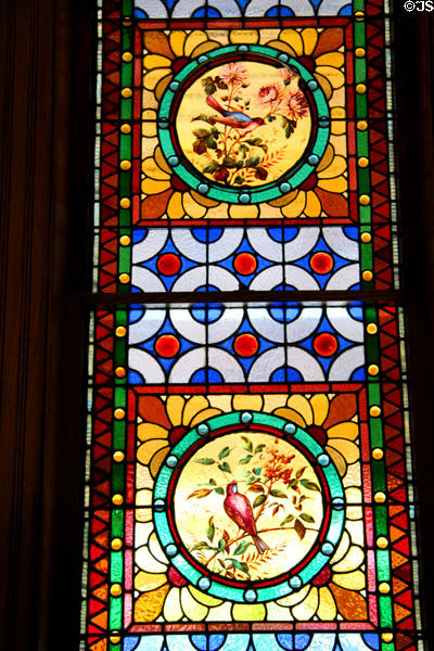 Stained glass window with birds in Jewett House at Oberlin Heritage Center. Oberlin, OH.
