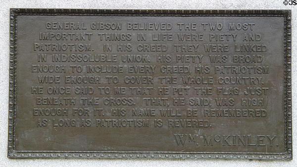 Plaque with William McKinley eulogy to William Harvey Gibson on Gibson's Monument. Tiffin, OH.