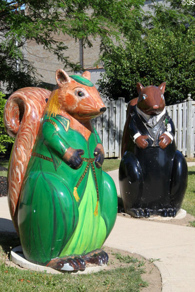 Squirrel sculptures beside Shawhan building. Tiffin, OH.