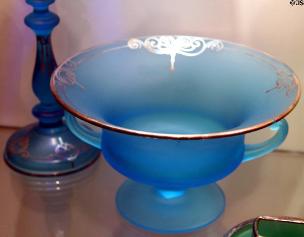 Blue glass bowl with silver overlay (1920s) at Tiffin Glass Museum. Tiffin, OH.