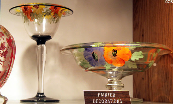 Glassware with painted decorations at Tiffin Glass Museum. Tiffin, OH.