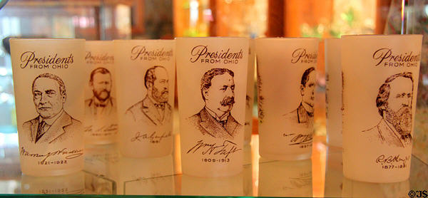 Glasses etched with 8 Presidents from Ohio at Tiffin Glass Museum. Tiffin, OH.