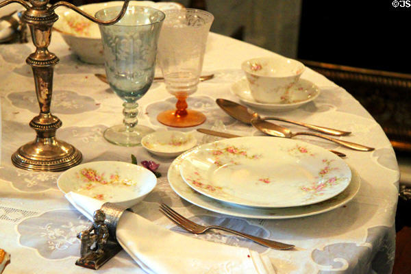 Theodore Havilland china with silverware belonging to President & Mrs. McKinley in dining room at Ida Saxton McKinley Historic House. Canton, OH.