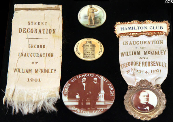Buttons & ribbons celebrating the second inauguration of William McKinley at William McKinley Presidential Museum & Library. Canton, OH.