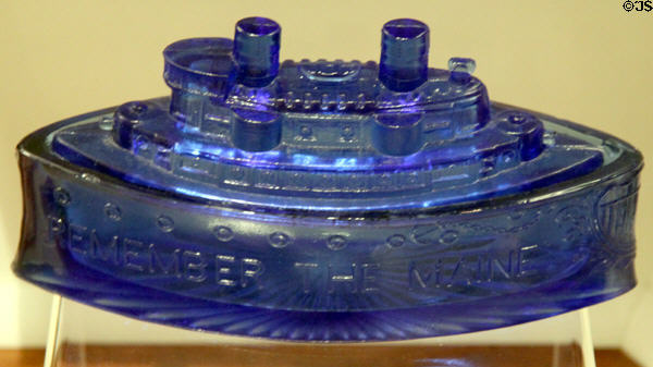 Cobalt blue glass candy dish embossed with Remember the Maine at William McKinley Presidential Museum & Library. Canton, OH.