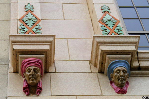 Sculpted heads on facade of building at 222 Market Ave. N. Canton, OH.