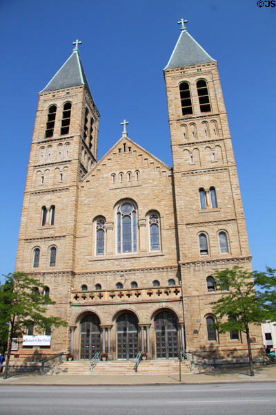 St Bernard's Catholic Church (1902) (44 University Ave.). Akron, OH. Style: Romanesque Revival. Architect: William P. Ginther. On National Register.