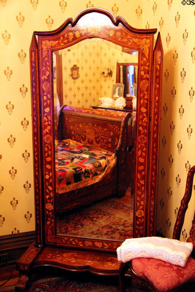 Cheval mirror with inlaid marquetry at Hower House. Akron, OH.