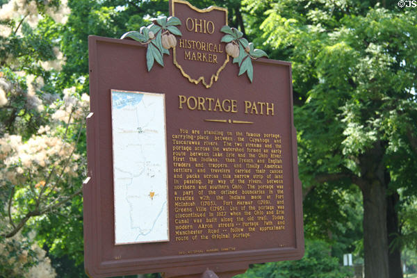 Portage Path between Cuyahoga & Tuscarawas Rivers historic marker outside Col. Simon Perkins Stone Mansion. Akron, OH.