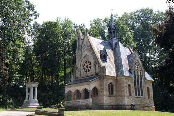 Glendale Cemetery Memorial Chapel (1876) (150 Glendale Ave.) for deceased Civil War soldiers & Monument "To Our Unknown Dead" constructed by Buckley Post of GAR. Akron, OH. Style: Gothic Revival. Architect: Frank O. Weary. On National Register.