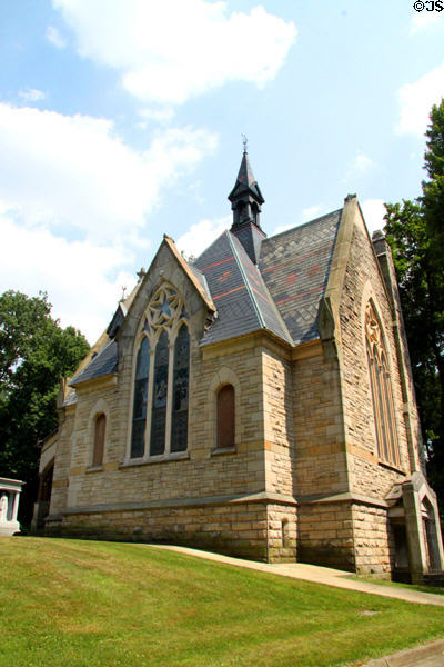 Stained glass windows, sandstone walls & slate roof in Glendale Cemetery Memorial Chapel. Akron, OH.