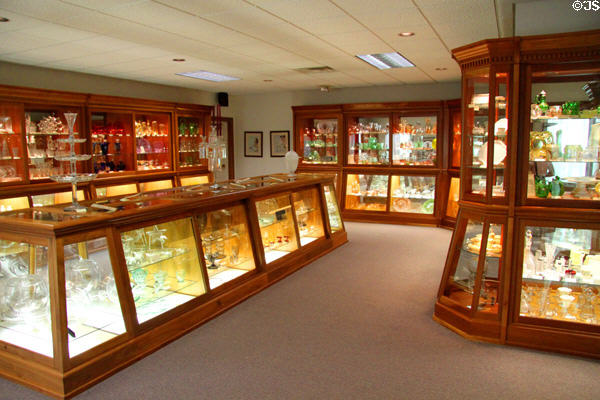 Oak cases with colored glass at National Heisey Glass Museum. Newark, OH.