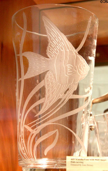 Cecelia vase with angel fish carving at National Heisey Glass Museum. Newark, OH.