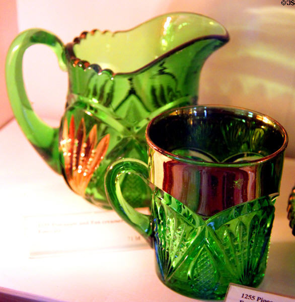 Pineapple & Fan pitcher & mug in Emerald color at National Heisey Glass Museum. Newark, OH.