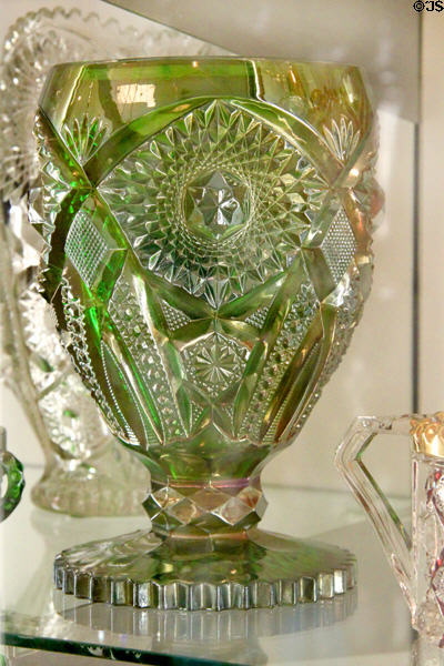 Greenish glass goblet at National Museum of Cambridge Glass. Cambridge, OH.