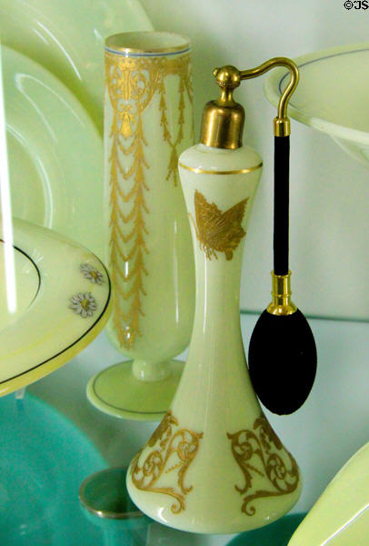 Ivory glass vase & atomizer (c1924-mid 20s) at National Museum of Cambridge Glass. Cambridge, OH.