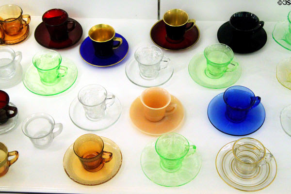 Collection of Cambridge colored cups at National Museum of Cambridge Glass. Cambridge, OH.