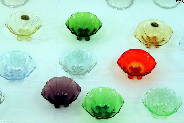 Collection of Cambridge colored bowls at National Museum of Cambridge Glass. Cambridge, OH.