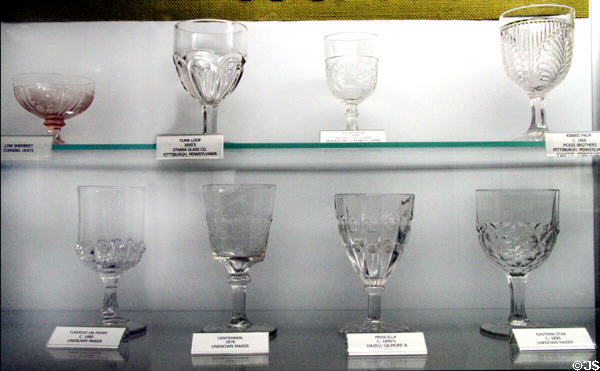 Various Ohio Valley glass goblets at Degenhart Paperweight & Glass Museum. Cambridge, OH.