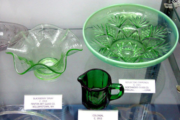 Green West Virginia glass (1910-15) at Degenhart Paperweight & Glass Museum. Cambridge, OH.