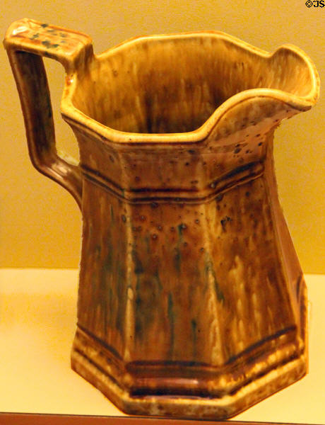 Rockingham paneled pitcher with brown, green & yellow glaze (mid 19thC) attrib. to James Bennett & Bros. at Museum of Ceramics. East Liverpool, OH.