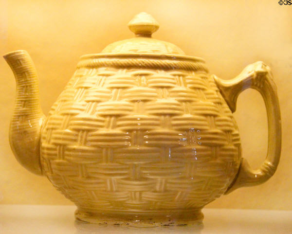 Pressed basket weave teapot (late 19th C) by C.C. Thompson Pottery Co. at Museum of Ceramics. East Liverpool, OH.