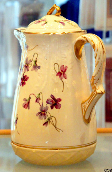 Covered chocolate pot with violets at Museum of Ceramics. East Liverpool, OH.