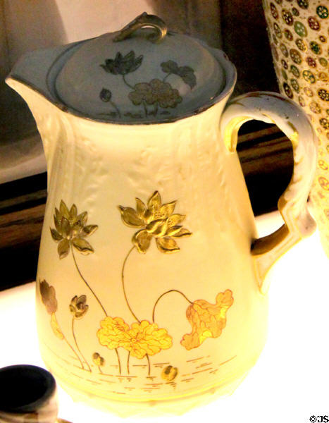 Lotus Ware covered chocolate pot with gold decoration by Knowles, Taylor & Knowles, Co. of East Liverpool at Museum of Ceramics. East Liverpool, OH.