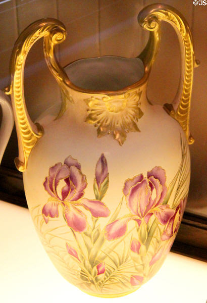 Lotus Ware Ionian Vase with irises & gold trim (1890s-1900s) by Knowles, Taylor & Knowles, Co. of East Liverpool at Museum of Ceramics. East Liverpool, OH.