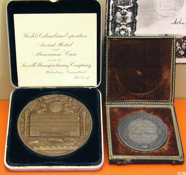 World's Columbian Exposition medal (1893) & silver medal awarded East Liverpool pottery companies at Museum of Ceramics. East Liverpool, OH.