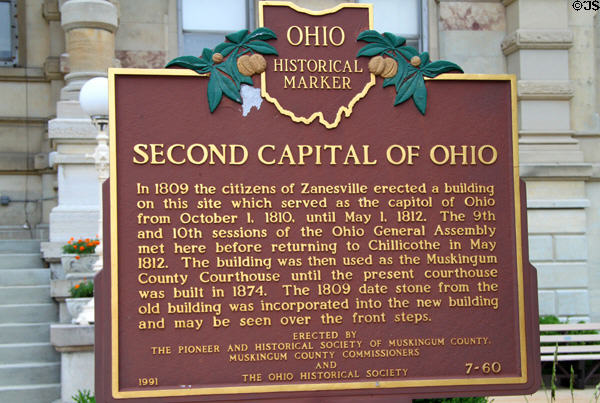 Ohio Historical Marker noting Ohio's Second State Capitol Building (1810-12). Zanesville, OH.